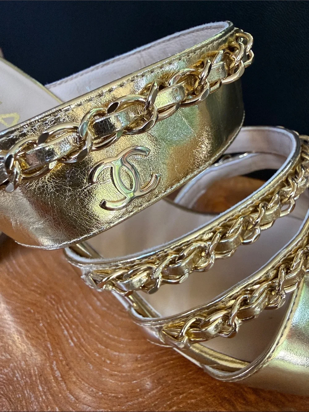 CHANEL Gold Chain-Trim High Block Heel Mules